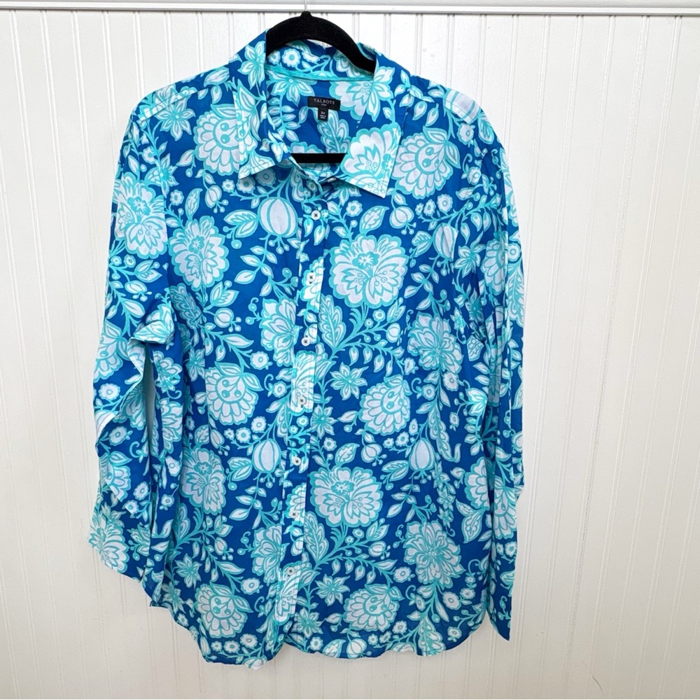 Talbots Plus Bright Blue Whimsical Garden Long Sleeve Button Up Top Women’s 2X